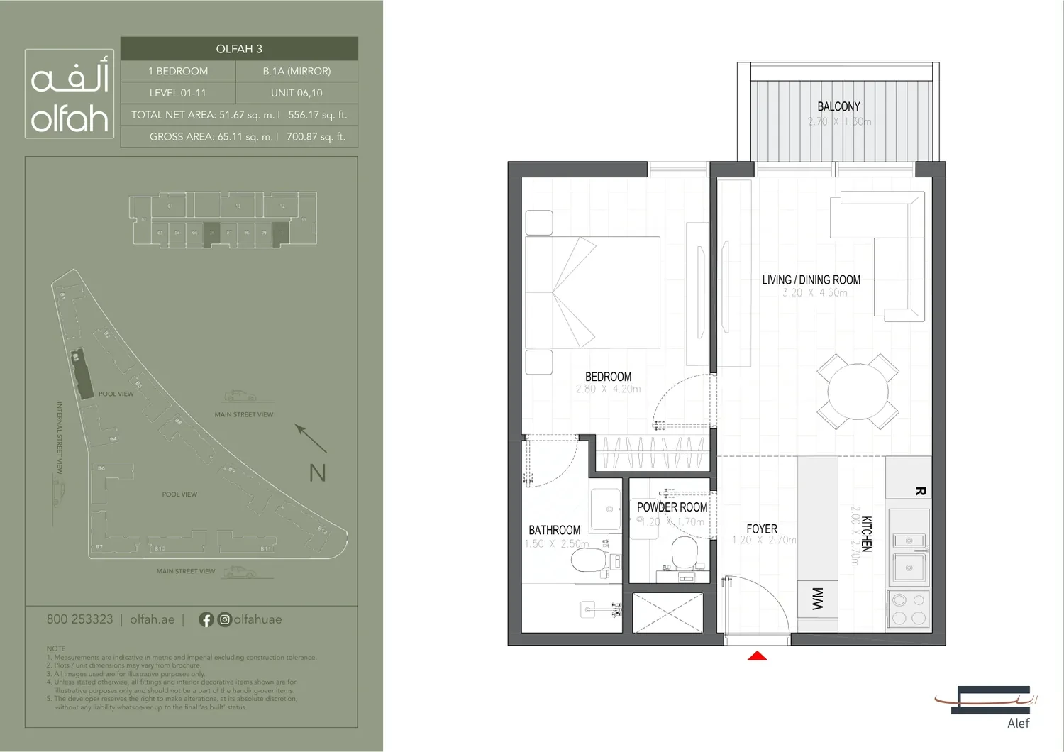 Olfah 3 1-bedroom apartment floor plan, Type B.1A Mirror, Levels 01-11 Units 06 & 10, 700.87 sq ft