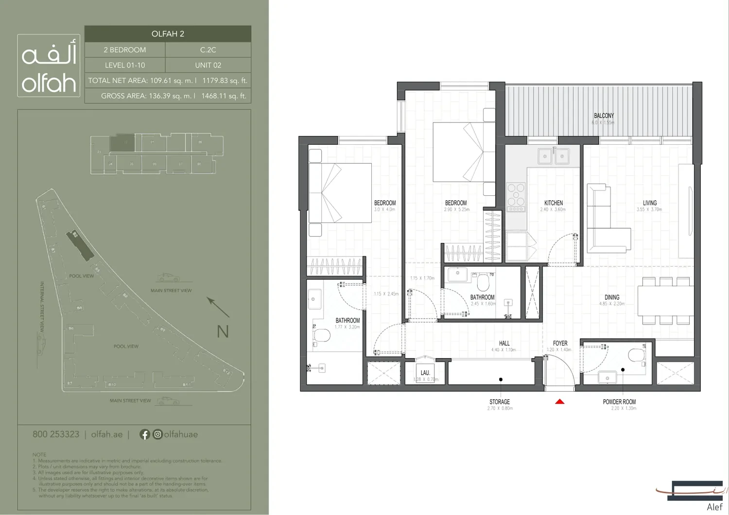 Olfah 2 2-bedroom apartment floor plan, Type C.2C, Levels 01-10 Unit 02, 1,468.11 sq ft