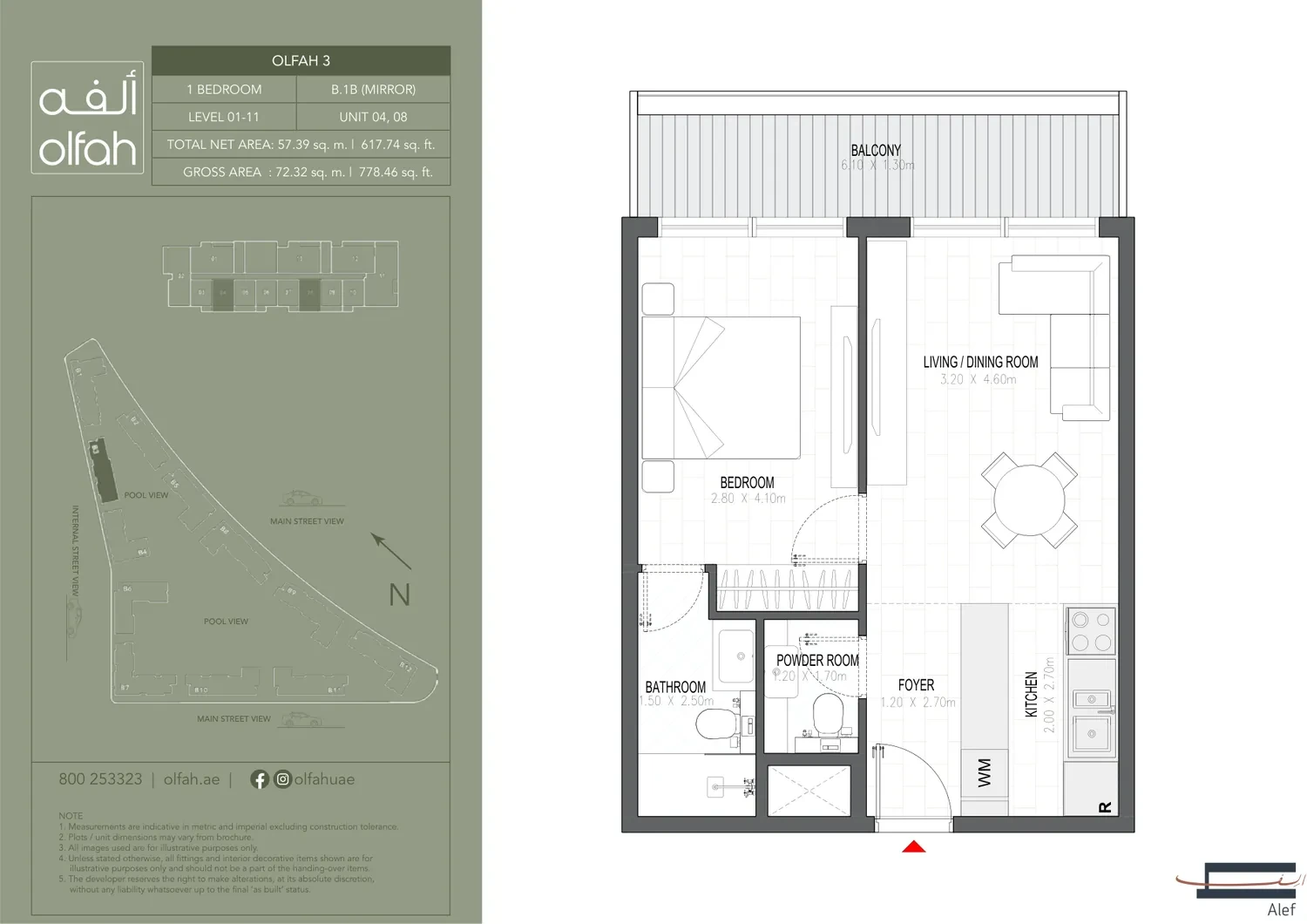 Olfah 3 1-bedroom apartment floor plan, Type B.1B Mirror, Levels 01-11 Units 04 & 08, 778.46 sq ft