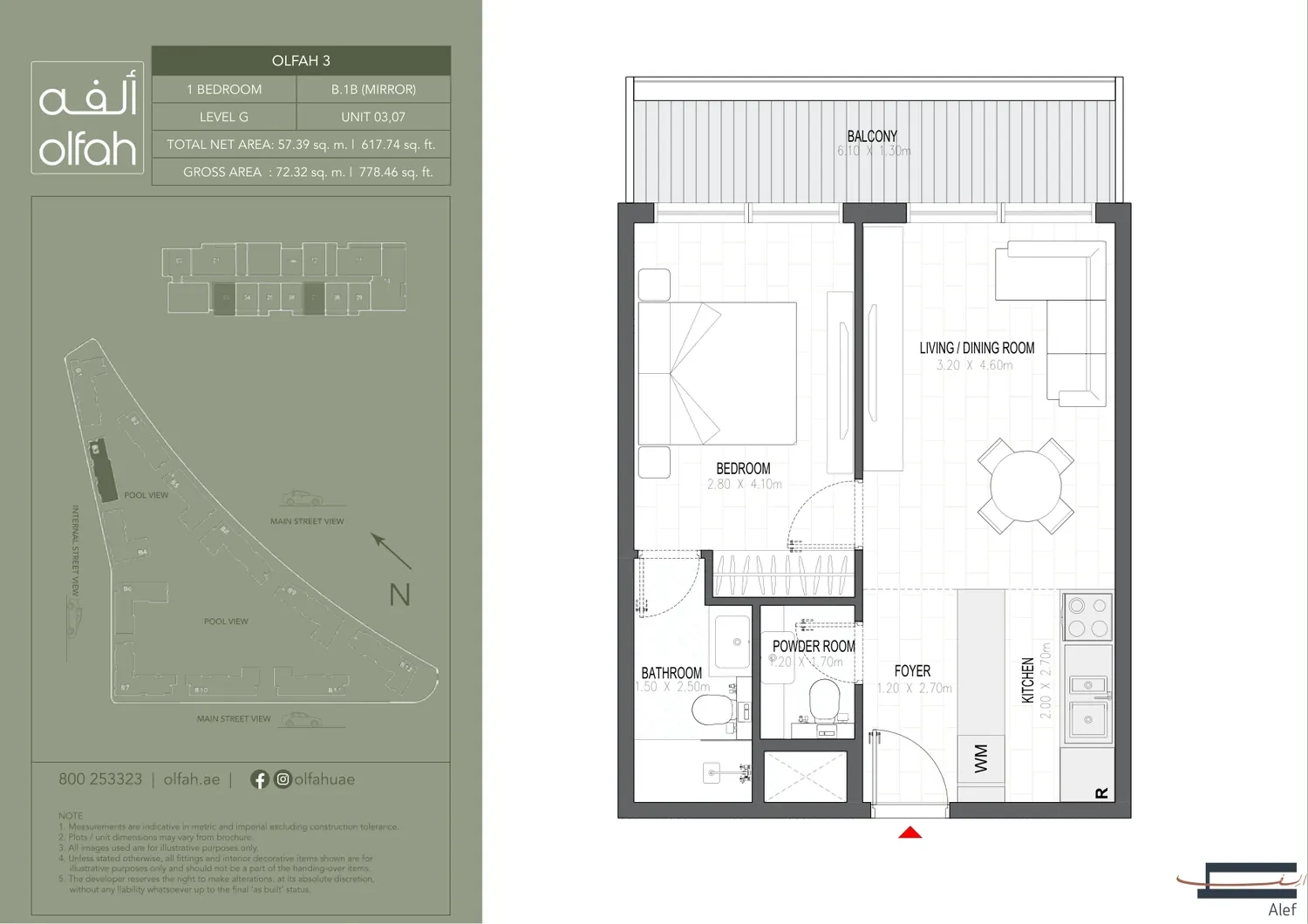 Olfah 3 1-bedroom apartment floor plan, Type B.1B Mirror, Ground Units 03 & 07, 778.46 sq ft
