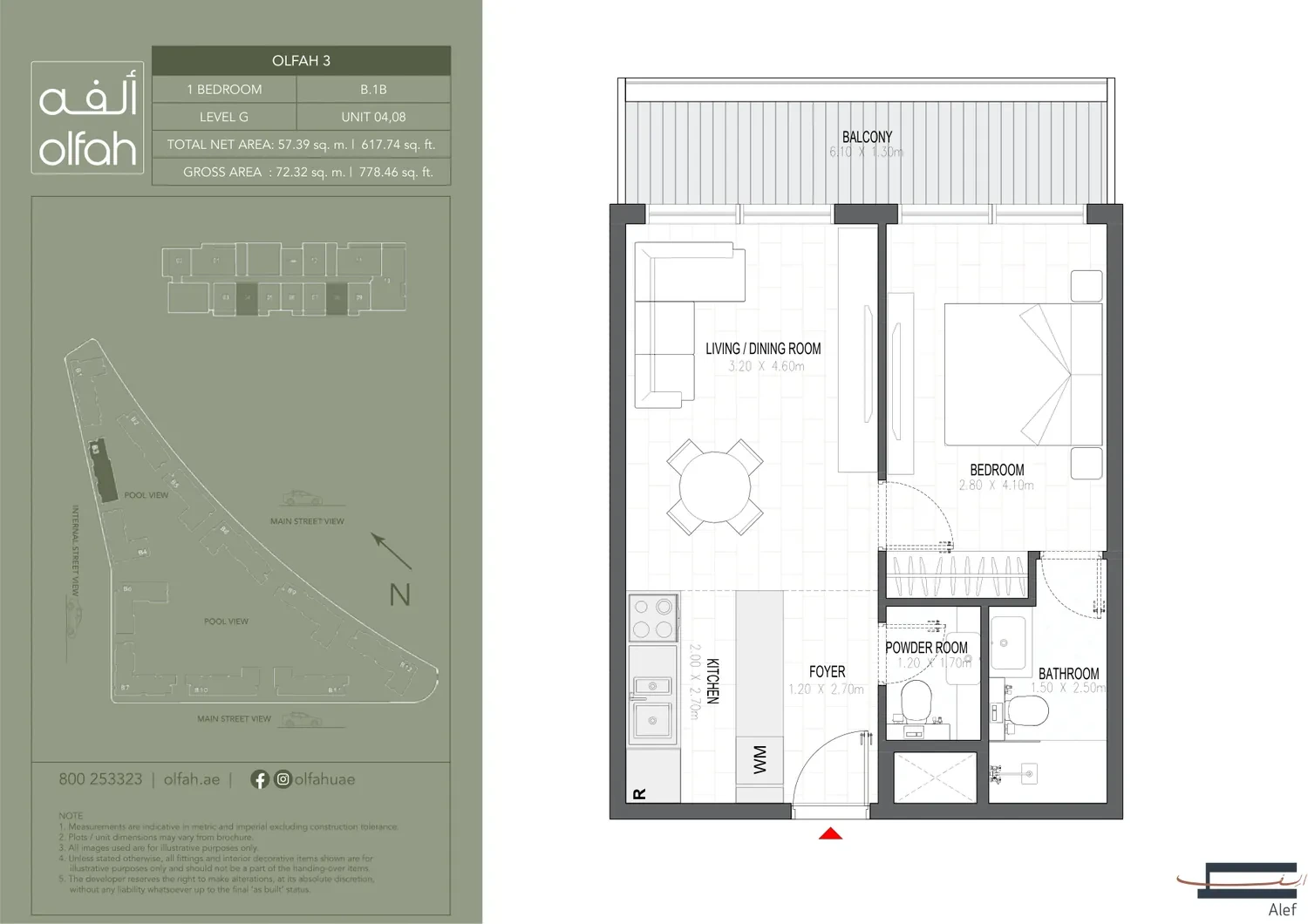 Olfah 3 1-bedroom apartment floor plan, Type B.1B, Ground Units 04 & 08, 778.46 sq ft