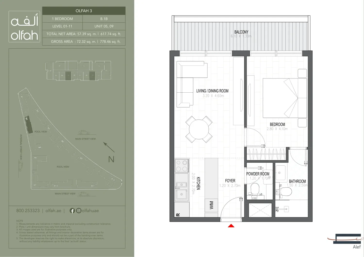 Olfah 3 1-bedroom apartment floor plan, Type B.1B, Levels 01-11 Units 05 & 09, 778.46 sq ft