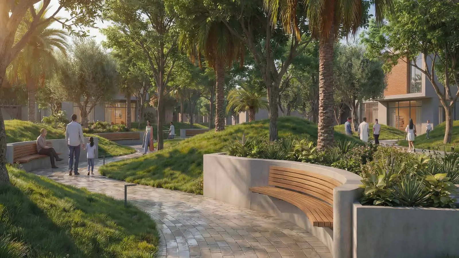 Fay Valley pedestrian walkway beneath mature palm trees