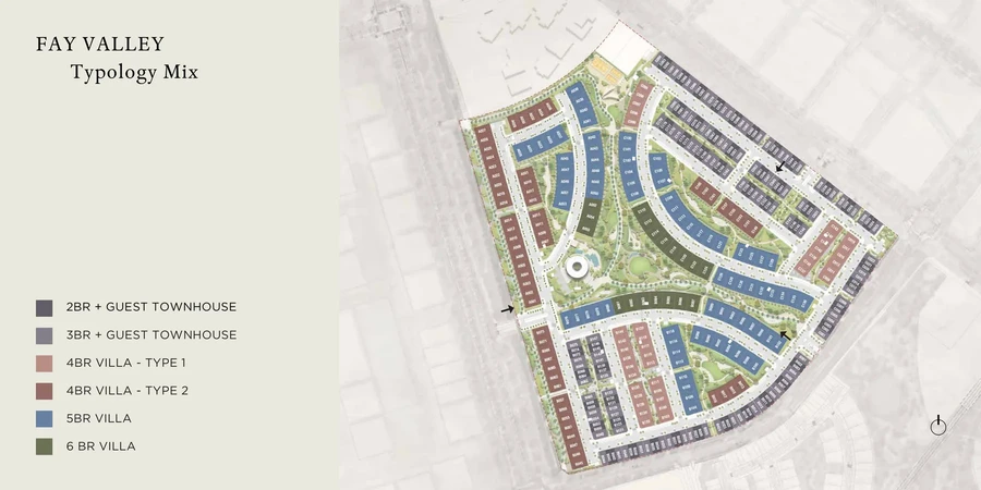 Fay Valley typology master plan showing townhouses, villas, green corridors and central amenities