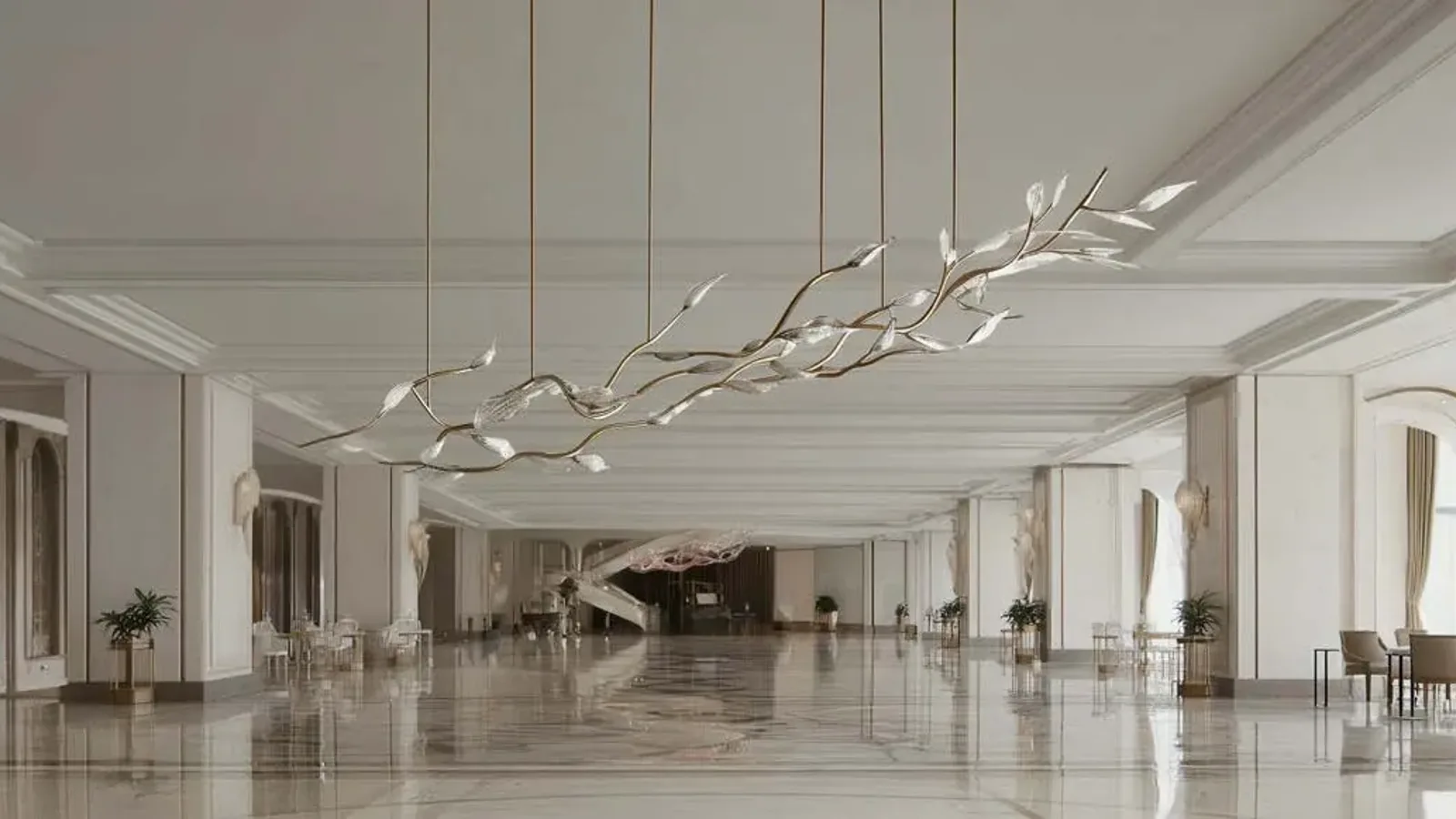 Magnolia bright lobby with sculptural lighting and curved details