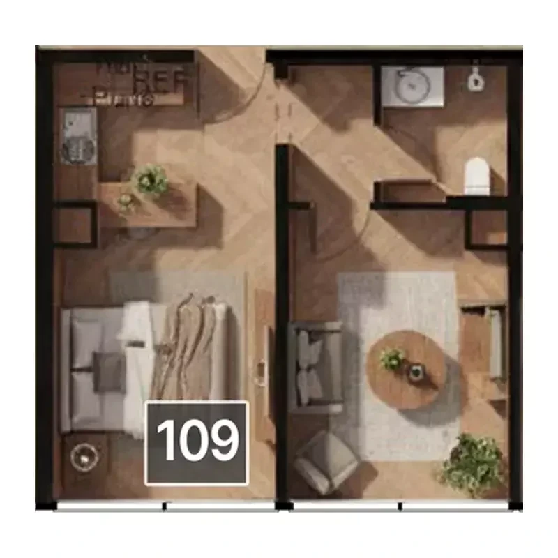 Magnolia one-bedroom Type 1 floor plan for Unit 109, 490 sq ft