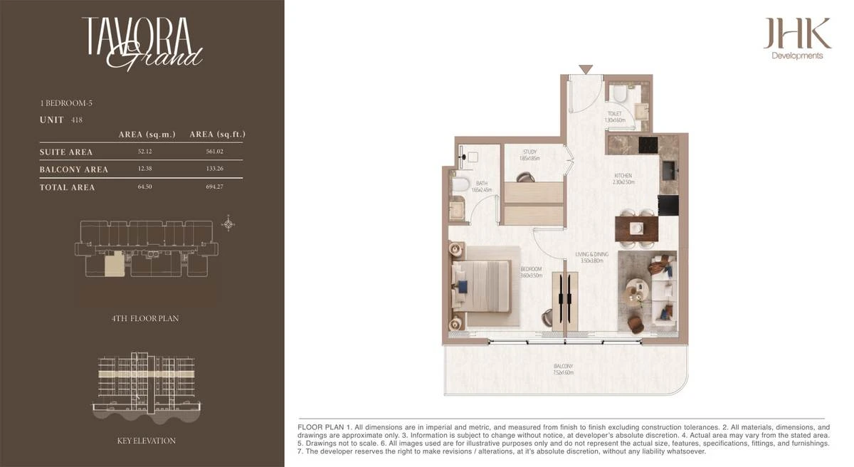 Tavora Grand 1 bedroom Type 5, Unit 418, 694 sq ft