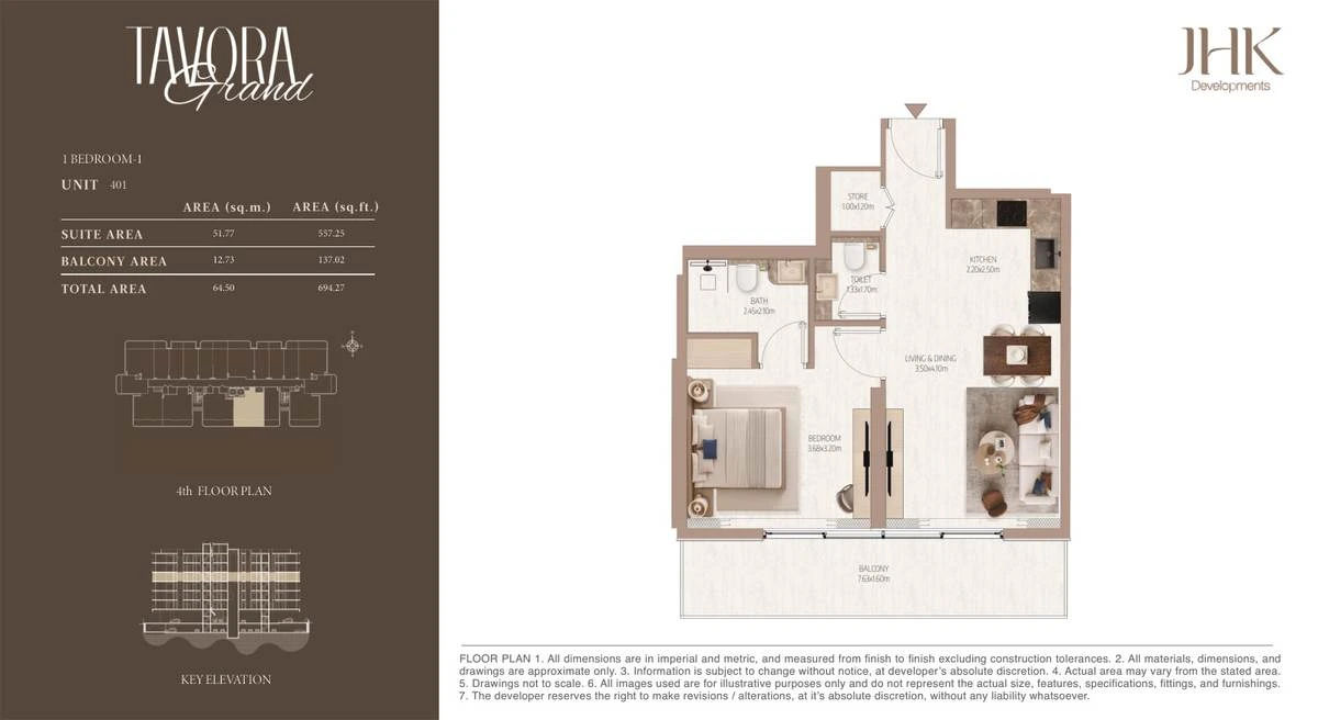 Tavora Grand 1 bedroom Type 1, Unit 401, 694 sq ft