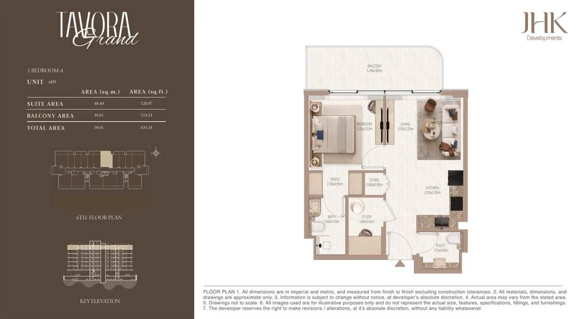 Tavora Grand 1 bedroom Type 4, Unit 609, 635 sq ft