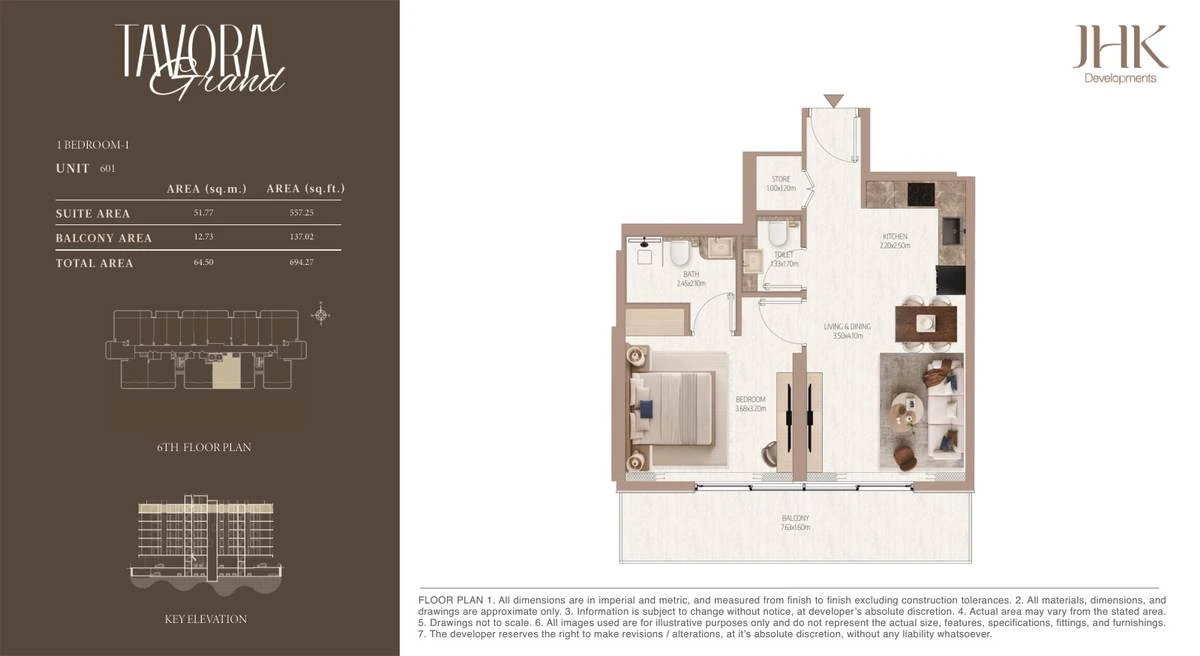 Tavora Grand 1 bedroom Type 1, Unit 601, 694 sq ft