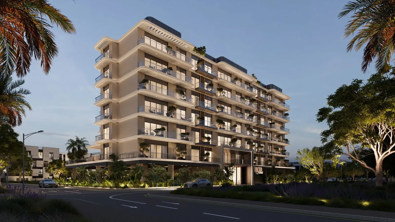 Tavora Grand landscaped arrival and building exterior