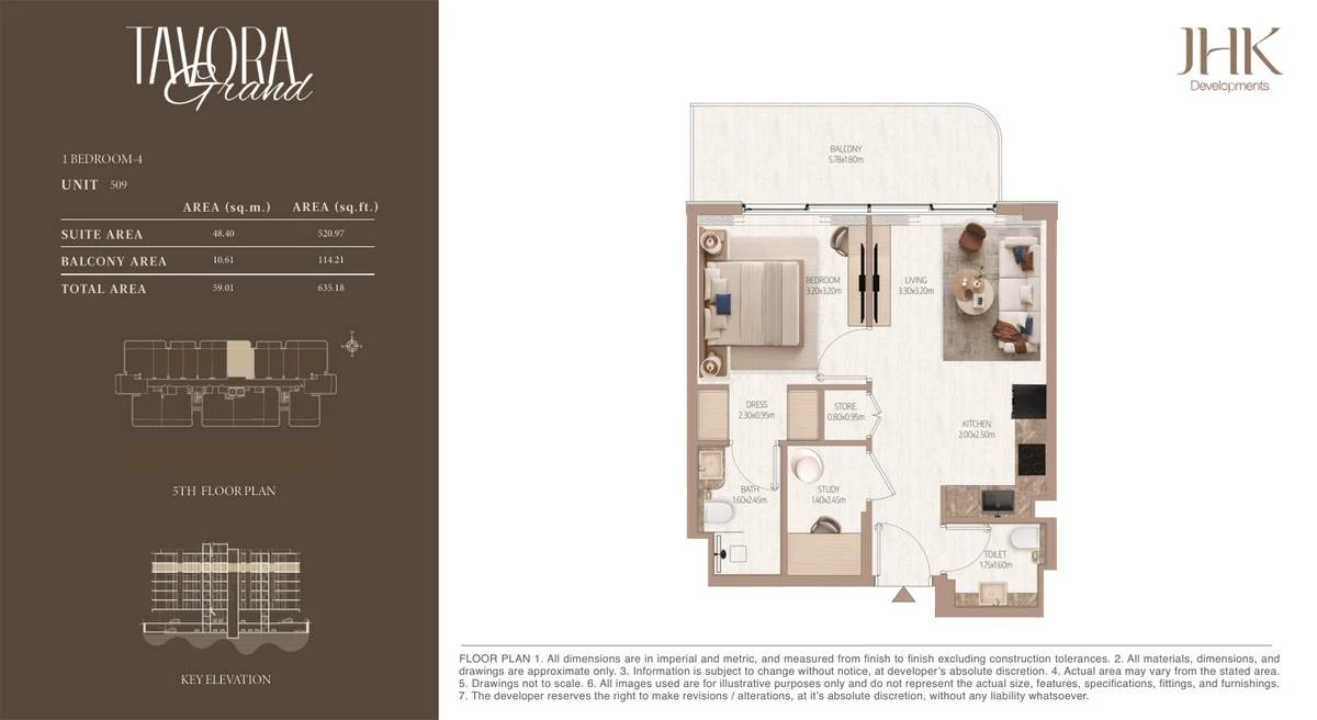 Tavora Grand 1 bedroom Type 4, Unit 509, 635 sq ft