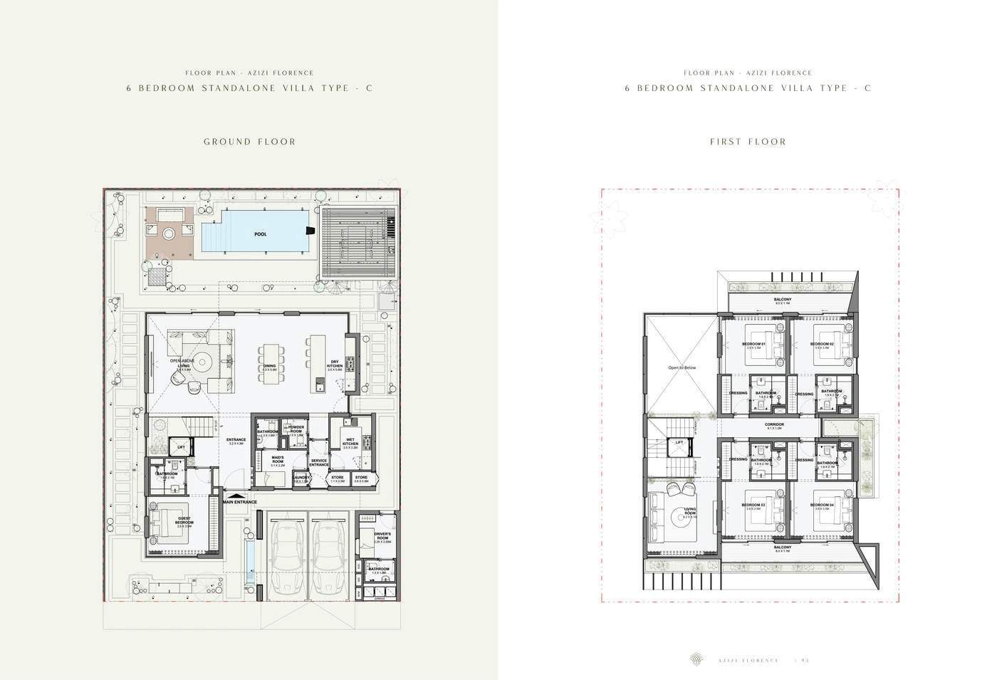 Azizi Florence 6 bedroom standalone villa Type C ground and first floor plans