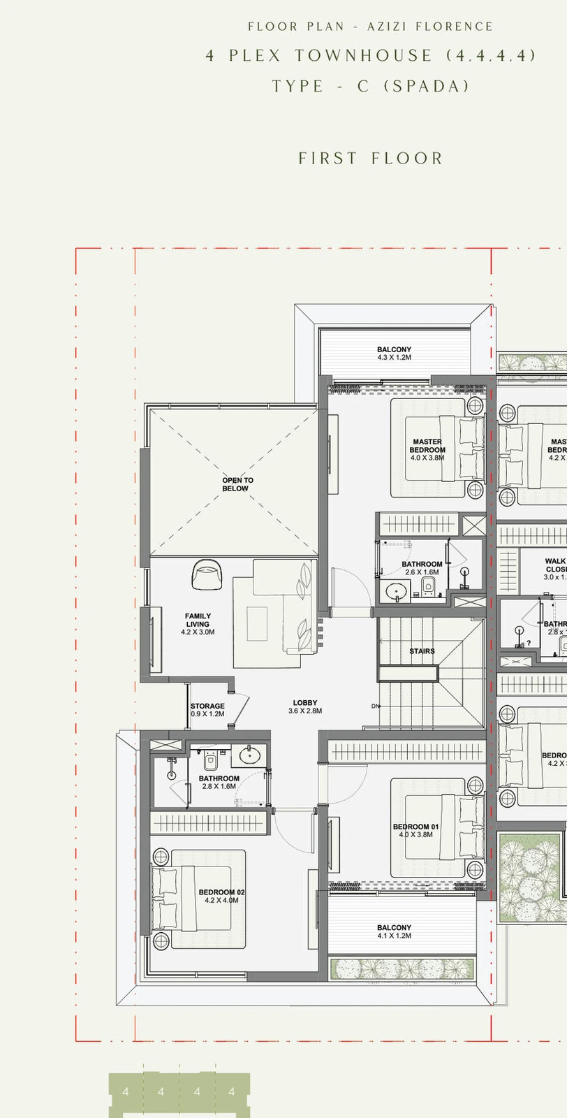 Azizi Florence 4 bedroom townhouse 4-Plex Spada Corner first floor plan