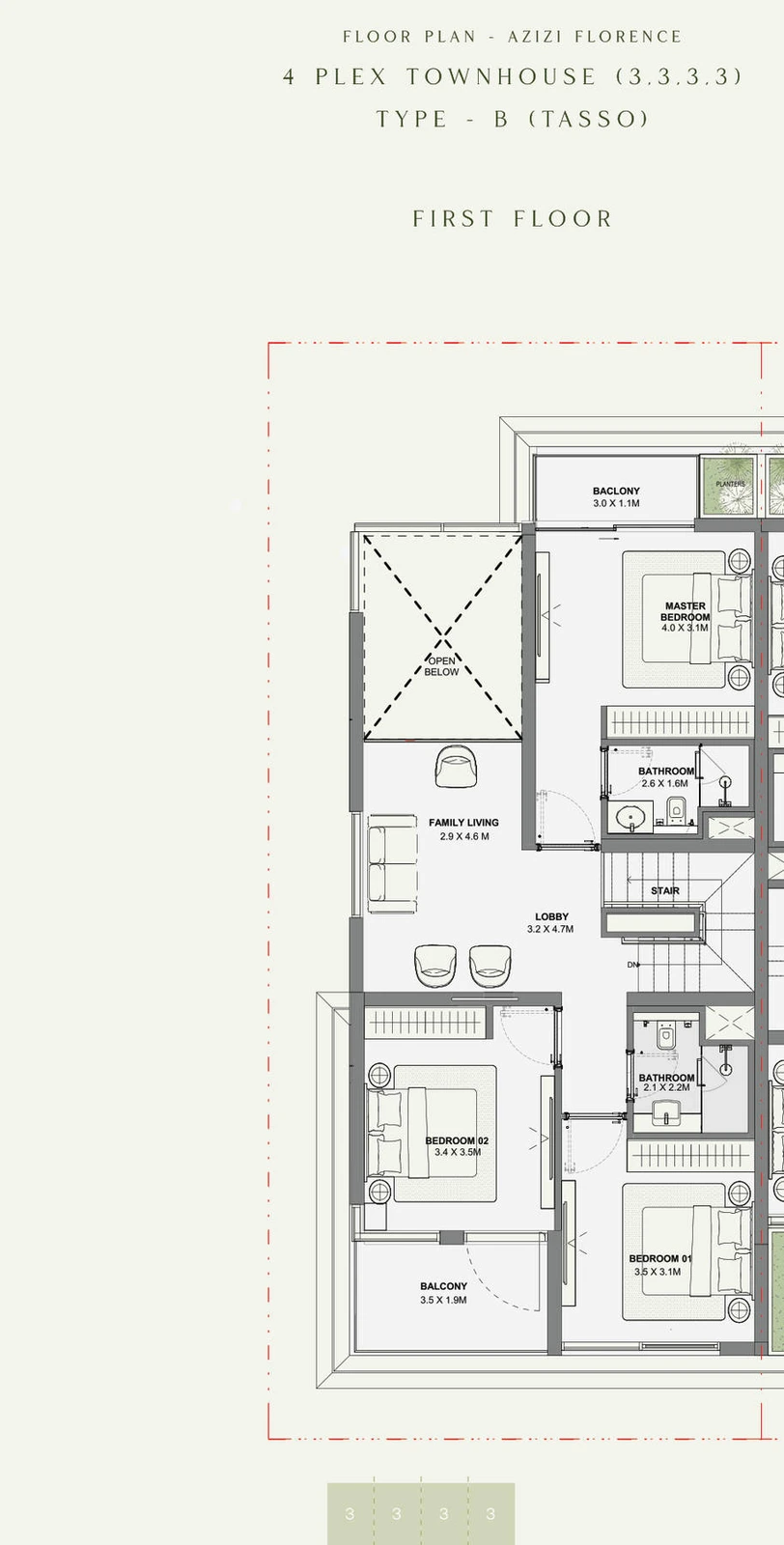 Azizi Florence 3 bedroom townhouse 4-Plex Tasso Corner first floor plan