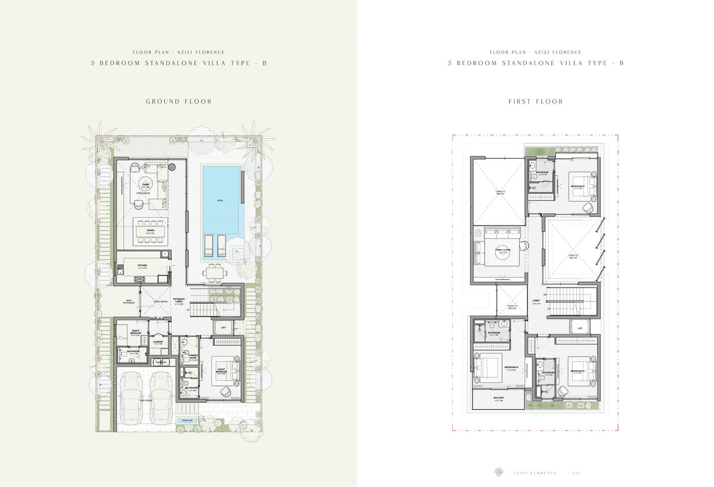 Azizi Florence 5 bedroom standalone villa Type B ground and first floor plans