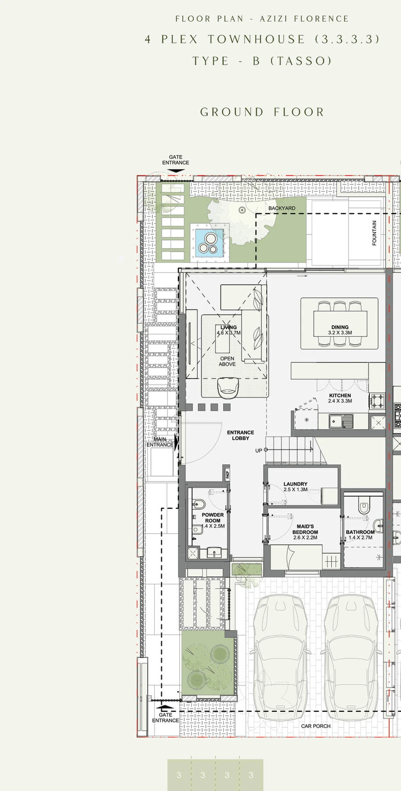 Azizi Florence 3 bedroom townhouse 4-Plex Tasso Corner ground floor plan