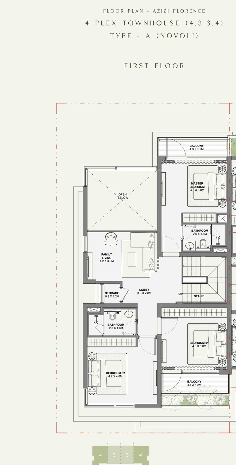 Azizi Florence 4 bedroom townhouse 4-Plex Novoli Corner first floor plan