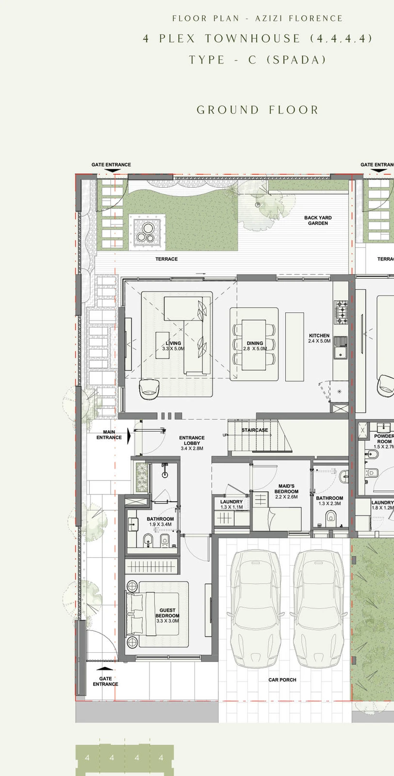 Azizi Florence 4 bedroom townhouse 4-Plex Spada Corner ground floor plan