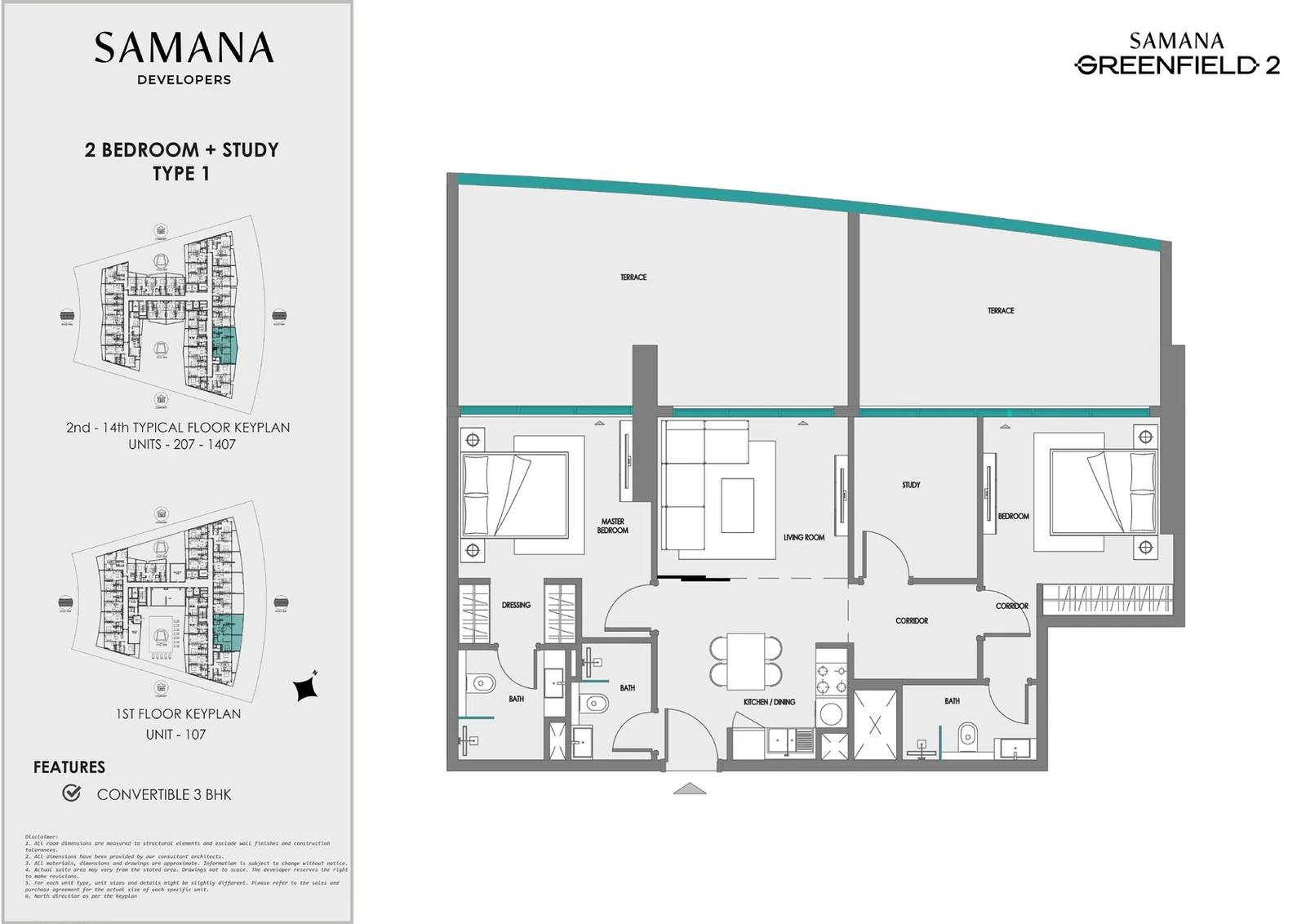 Samana Greenfield 2 2 bedroom plus study type 1 apartment floor plan