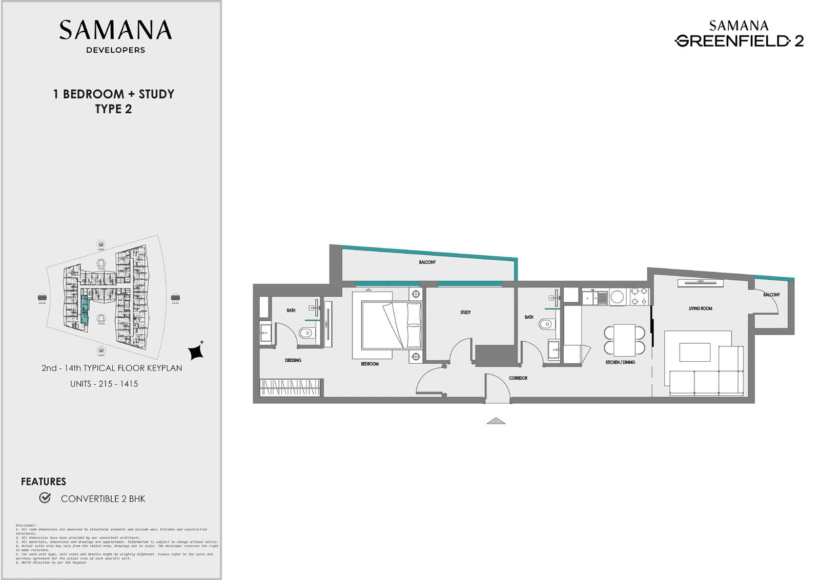 Samana Greenfield 2 1 bedroom plus study type 2 apartment floor plan