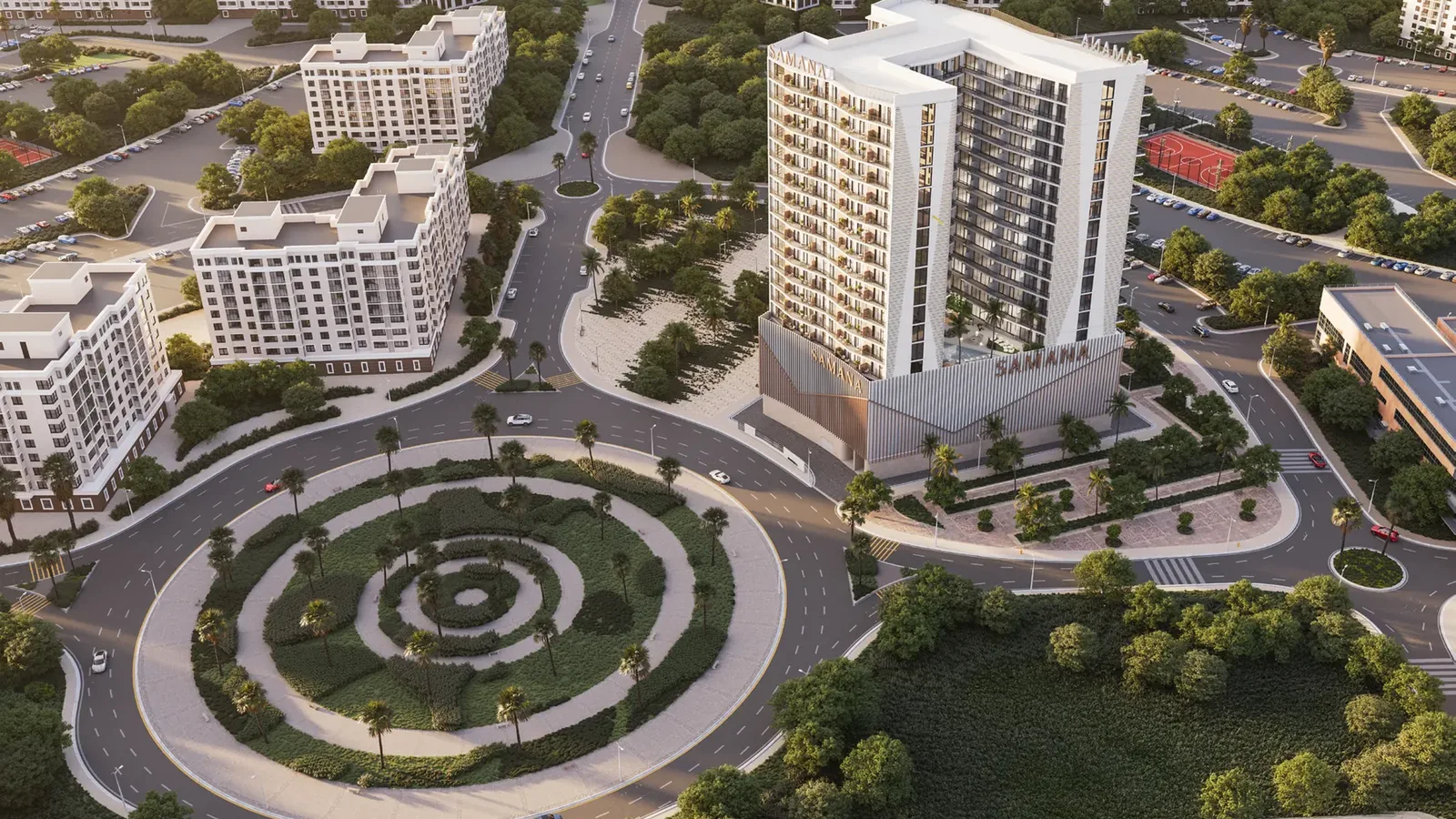 Aerial view of Samana Greenfield 2 and its Al Warsan surroundings