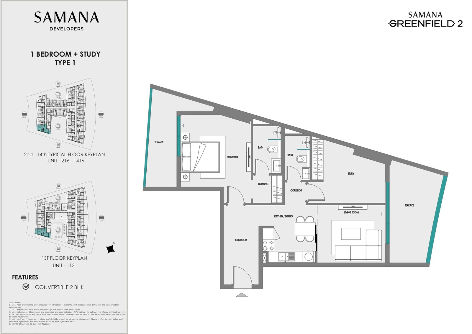 Samana Greenfield 2 1 bedroom plus study type 1 apartment floor plan