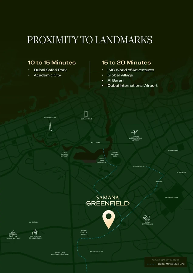 Samana Greenfield 2 location map showing nearby Dubai landmarks