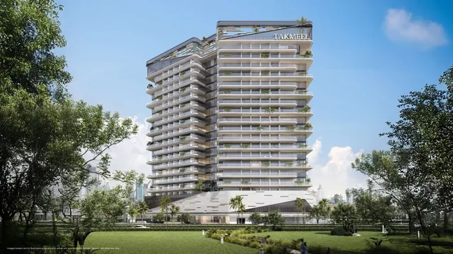 Divine Al Barari residential tower rising above landscaped greenery in Majan