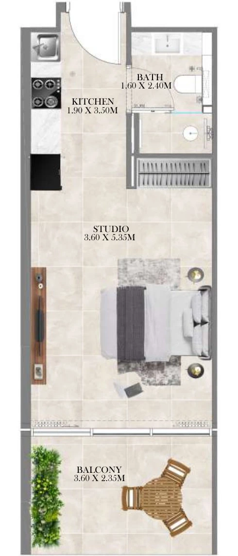 Divine Al Barari studio apartment floor plan, 438-486 sq ft