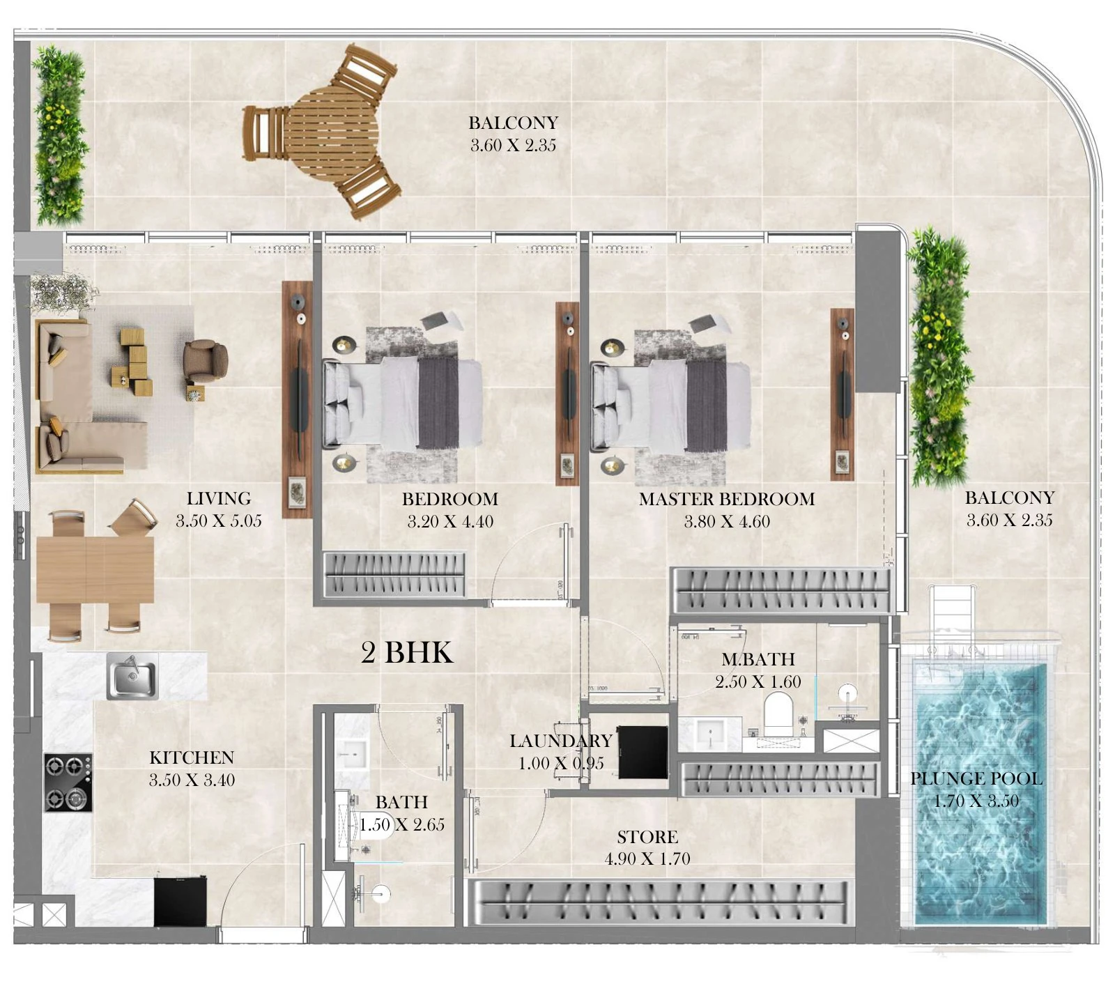 Divine Al Barari 2 bedroom apartment floor plan with plunge pool, 1,128-1,283 sq ft