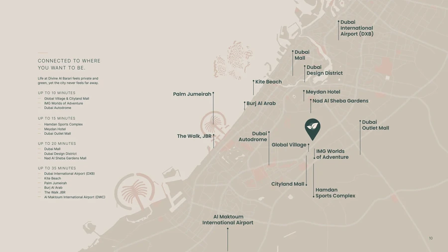 Divine Al Barari location and connectivity map from Majan to key Dubai landmarks