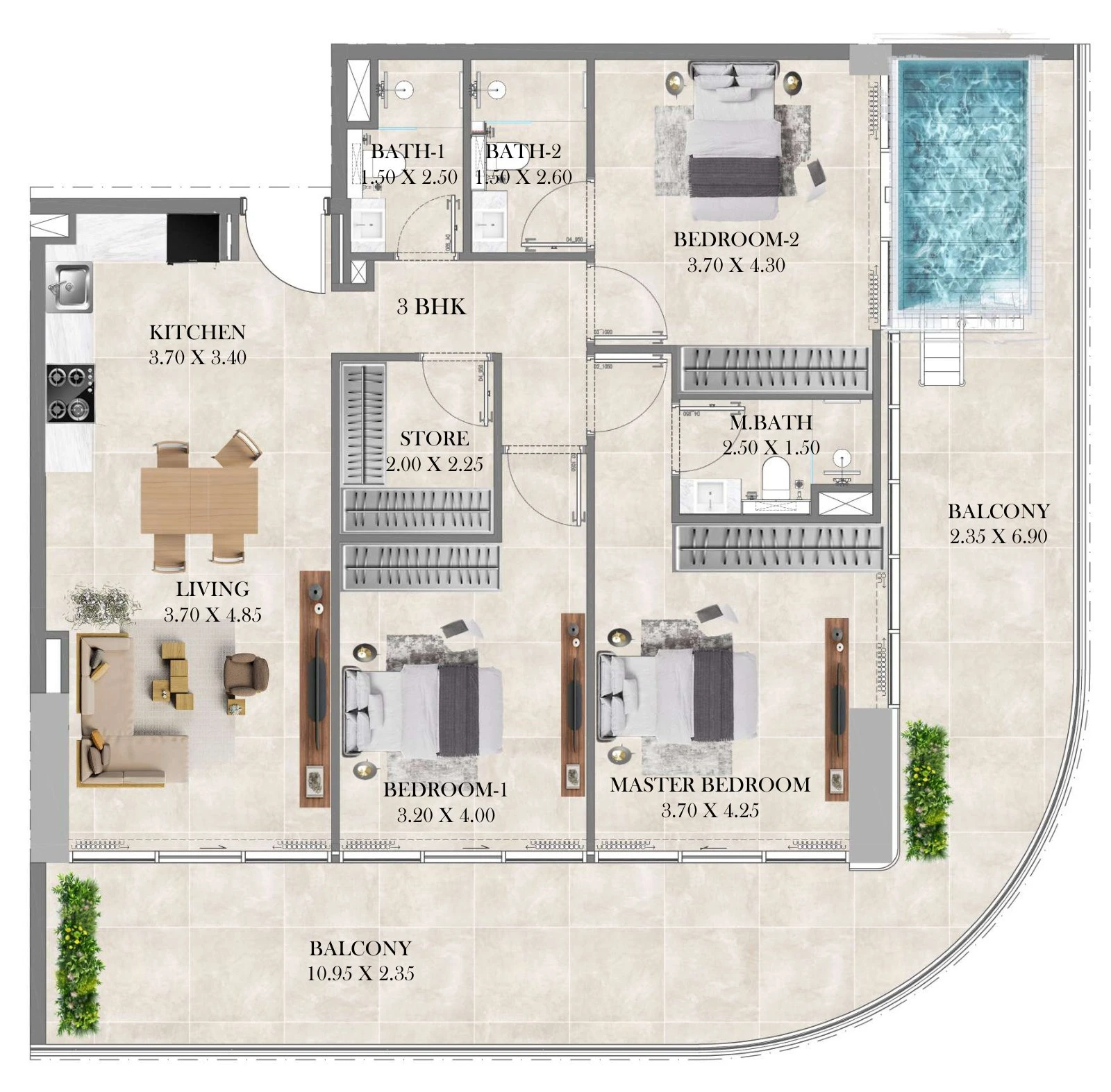 Divine Al Barari 3 bedroom With Pool apartment floor plan, 1,741 sq ft