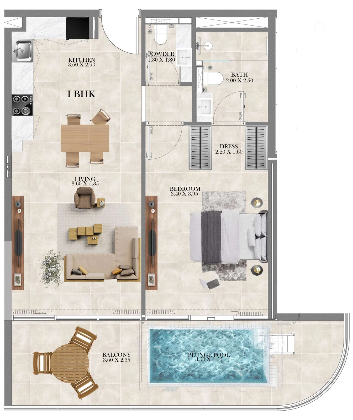 Divine Al Barari 1 bedroom apartment floor plan with plunge pool, 768-1,635 sq ft