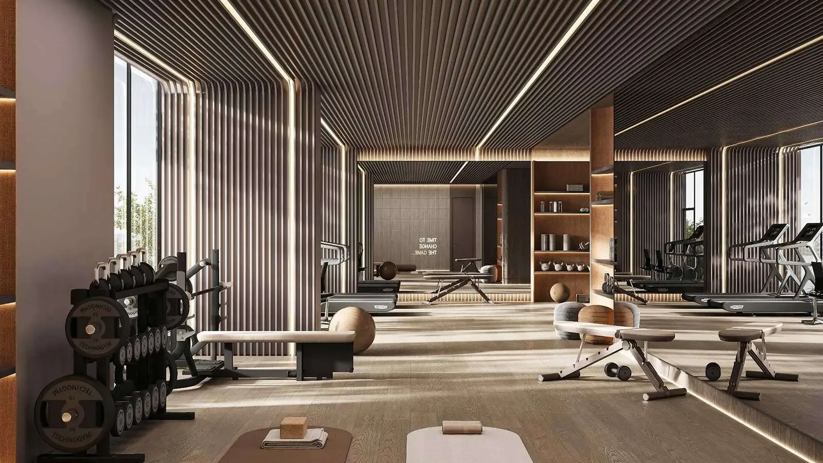 Divine Al Barari fitness studio with free weights and stretching area