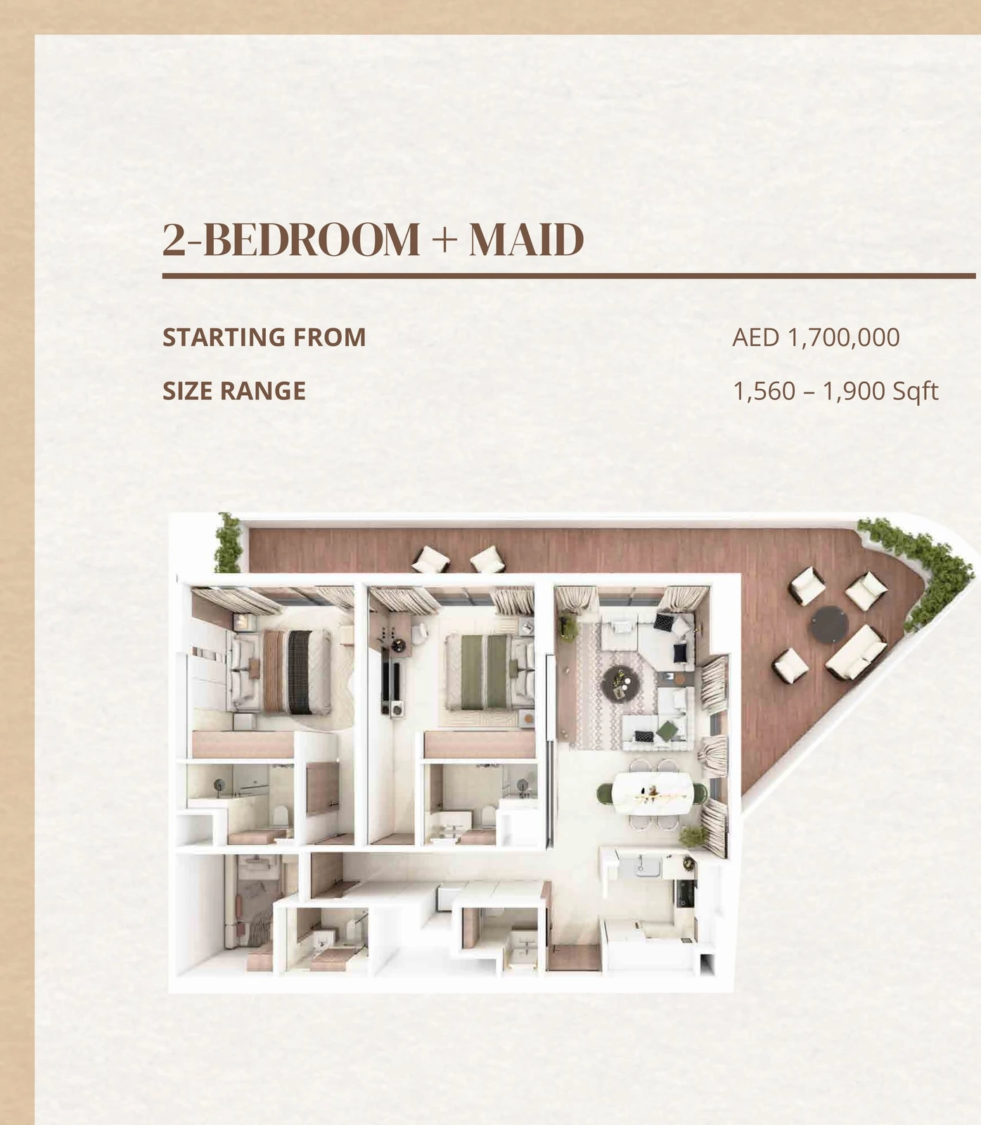 Barari Gate 2 bedroom apartment floor plan with maid's room, 1,560-1,900 sq ft