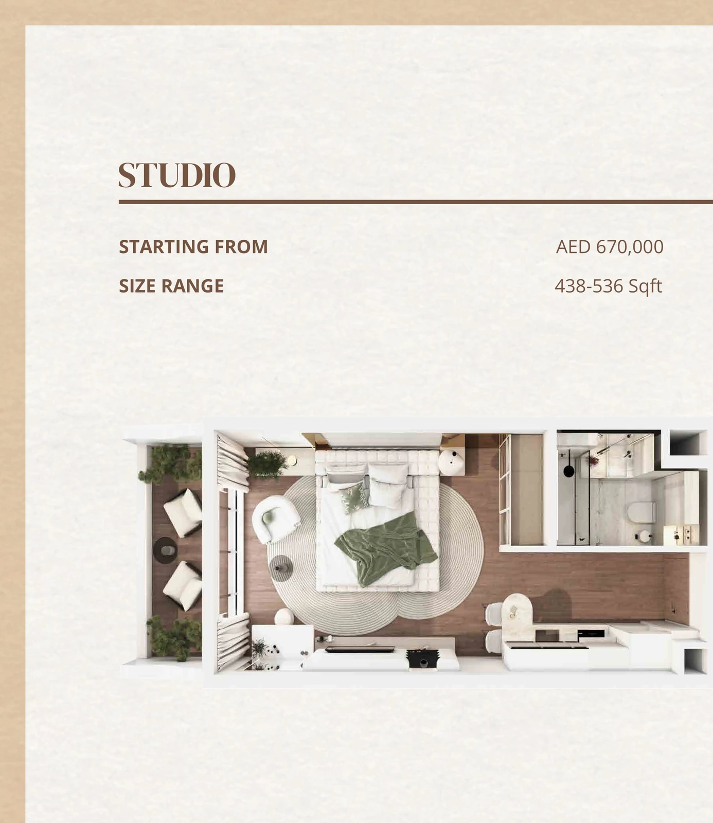 Barari Gate studio apartment floor plan, 438-536 sq ft