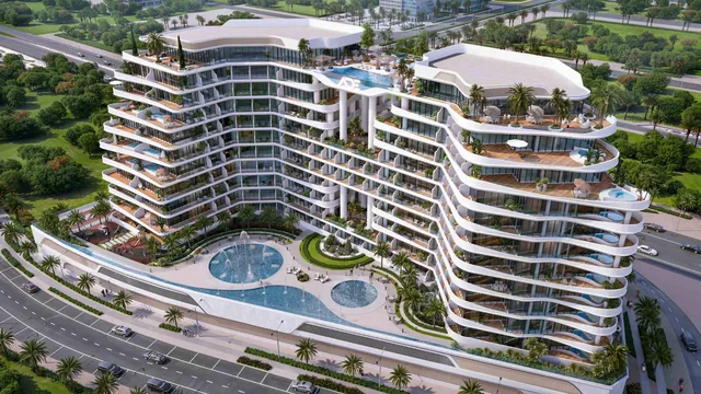 Barari Gate aerial exterior with curved balconies and landscaped podium in Majan