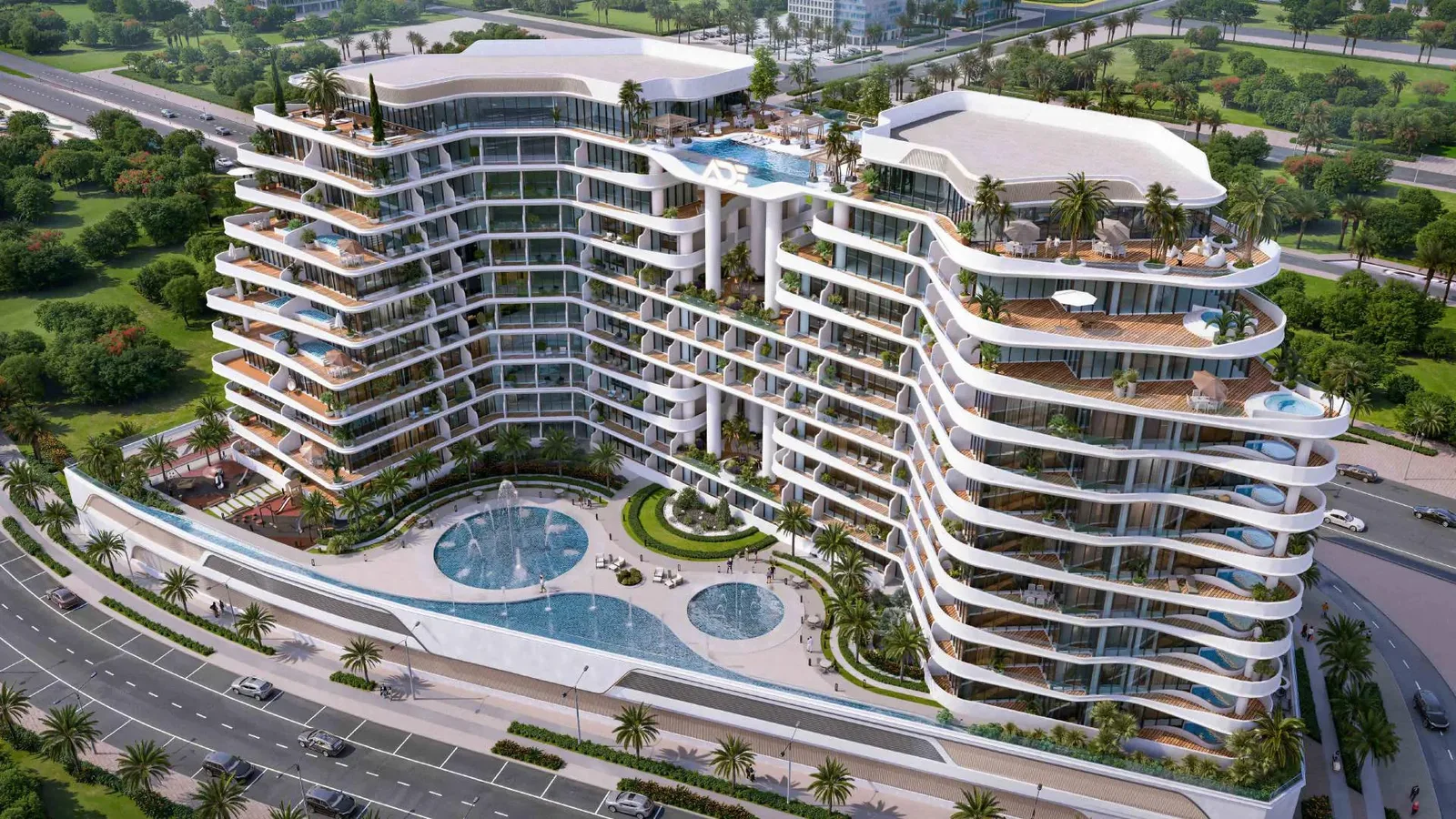 Barari Gate aerial exterior with curved balconies and landscaped podium in Majan