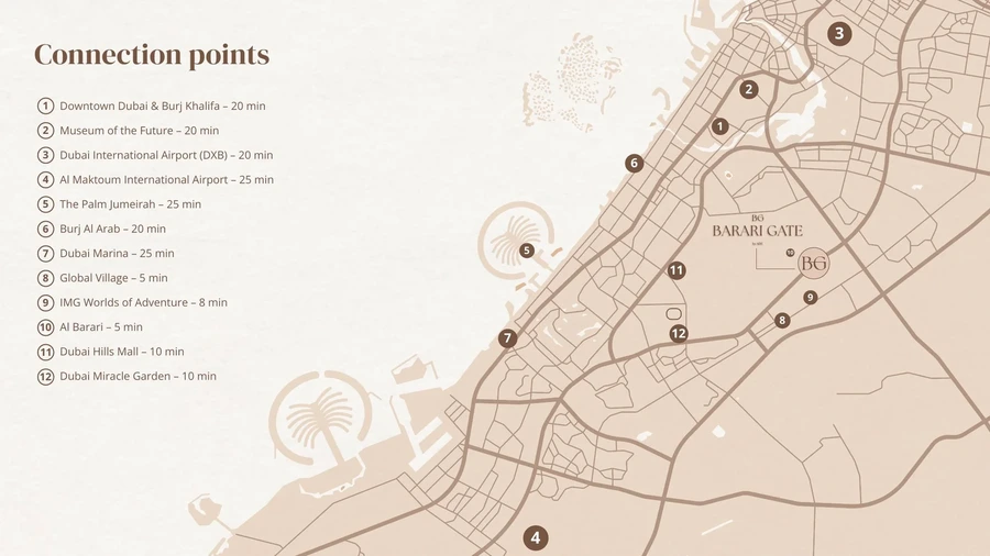 Barari Gate location and connectivity map from Majan to key Dubai destinations