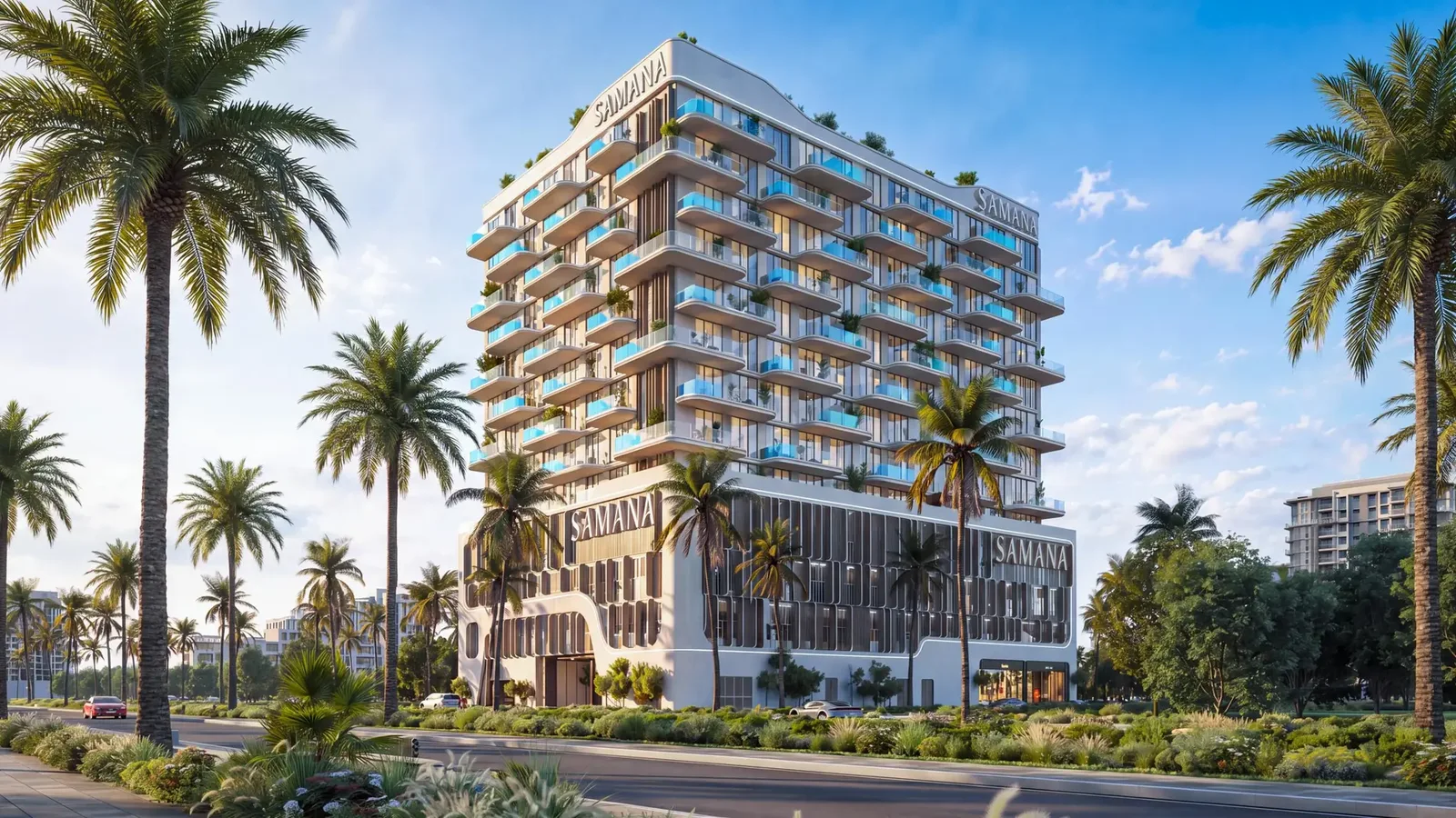 Samana Portside daytime exterior along a landscaped street in Downtown Jebel Ali