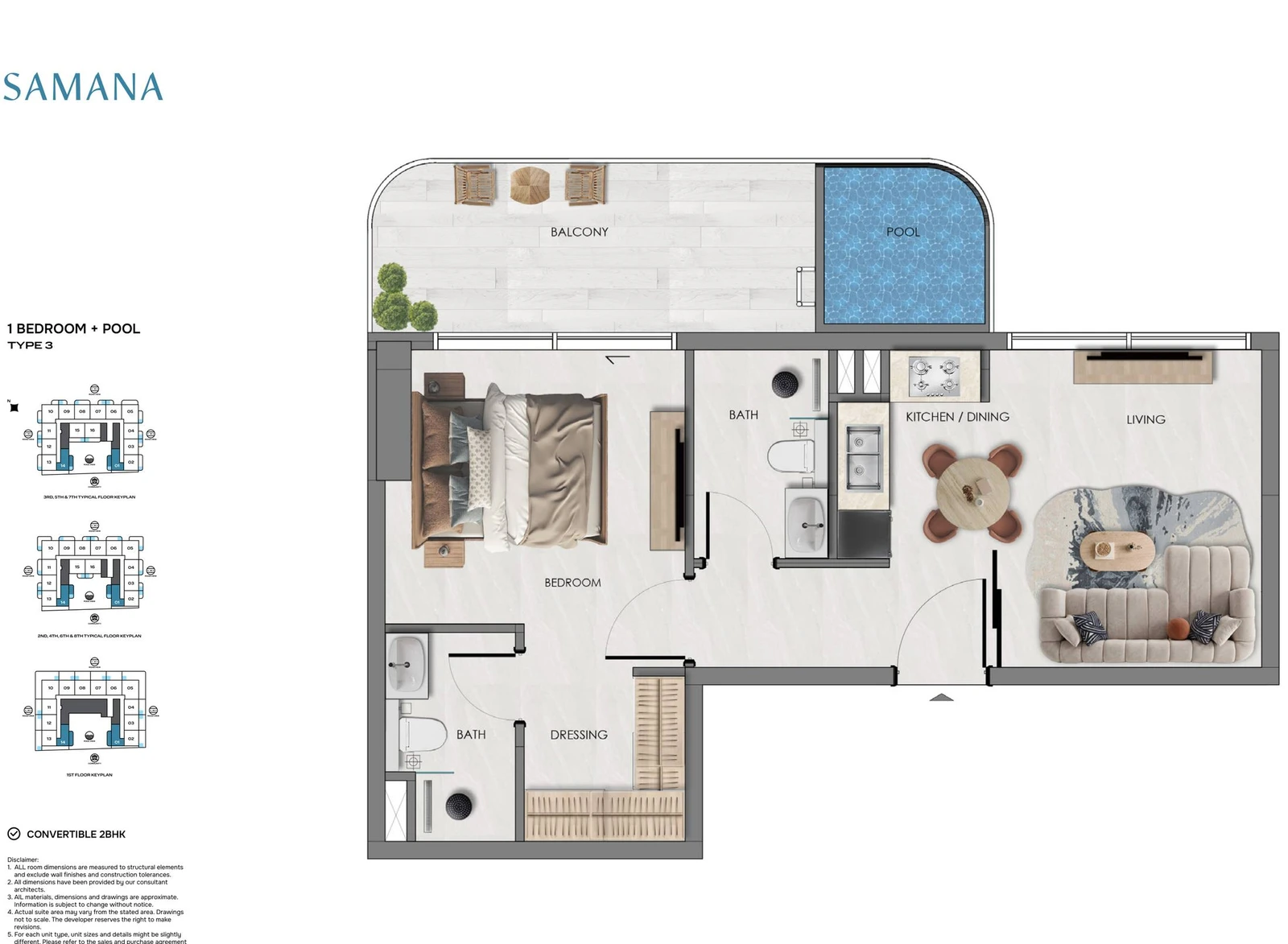 Samana Portside 1 bedroom Type 3 with Pool apartment floor plan, convertible to 2BHK