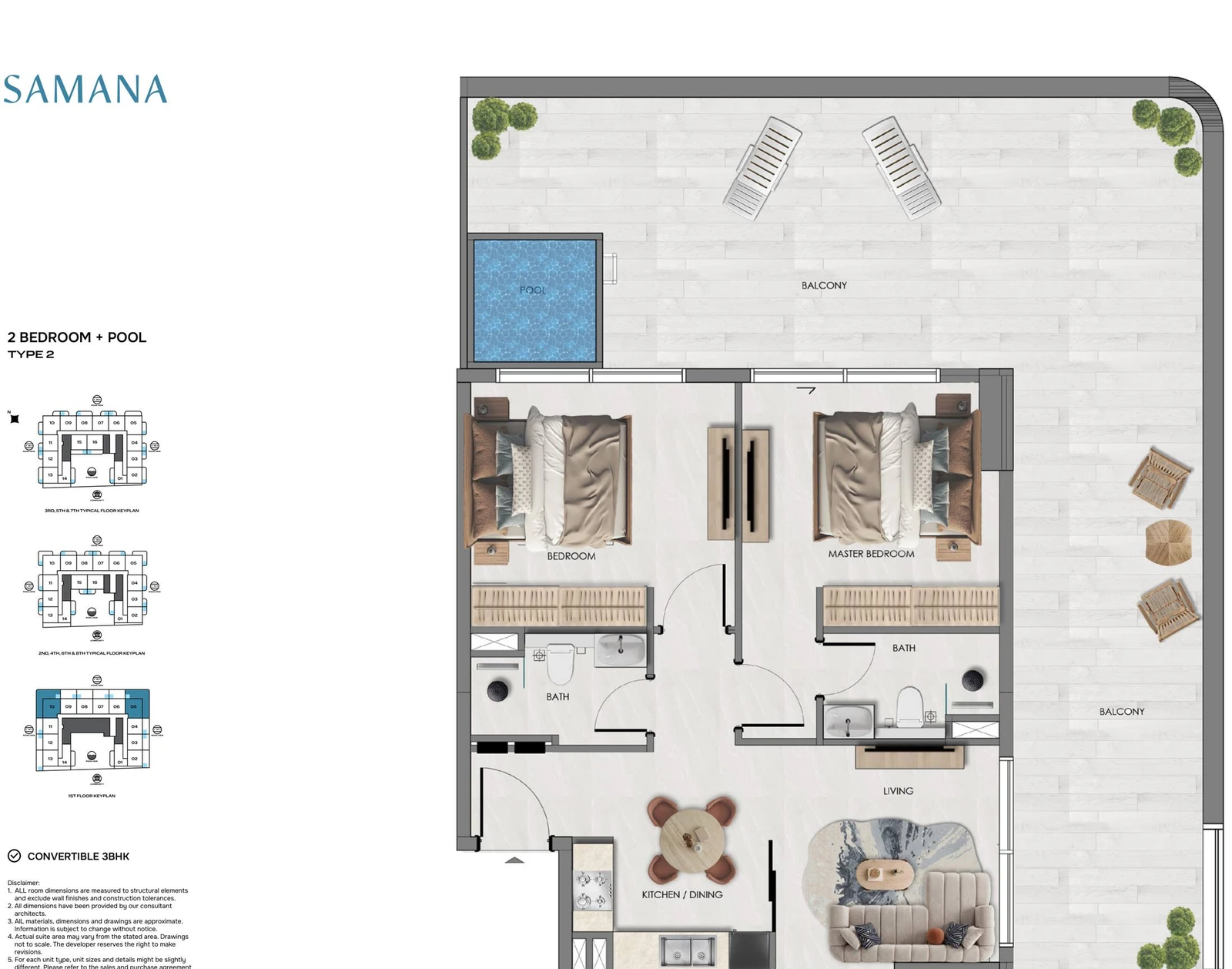 Samana Portside 2 bedroom Type 2 with Pool apartment floor plan, convertible to 3BHK