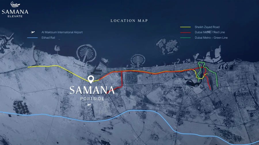 Samana Portside location map in Downtown Jebel Ali showing Sheikh Zayed Road, Dubai Metro and Etihad Rail connections
