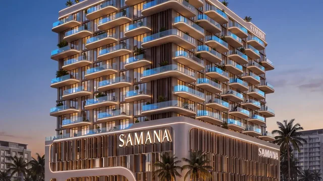 Samana Portside illuminated exterior and retail podium in Downtown Jebel Ali