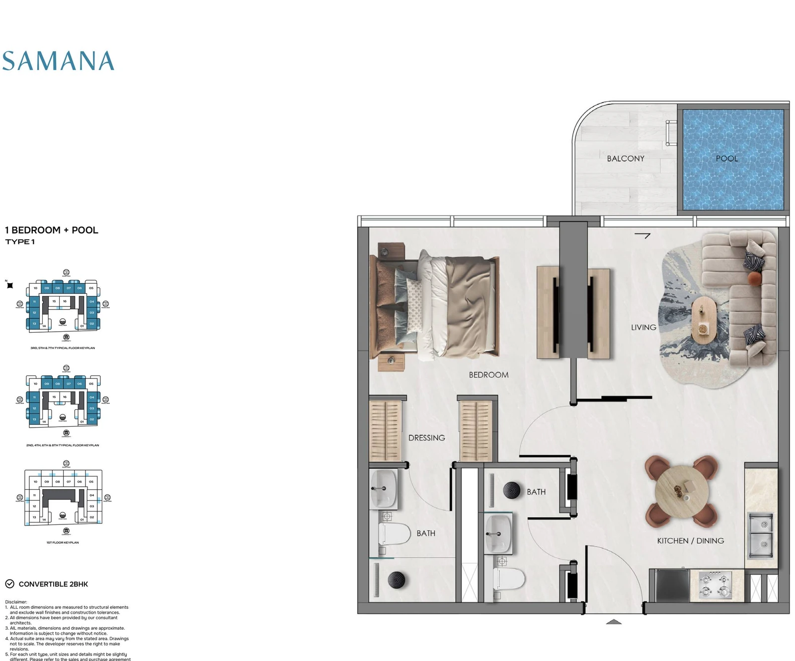 Samana Portside 1 bedroom Type 1 with Pool apartment floor plan, convertible to 2BHK