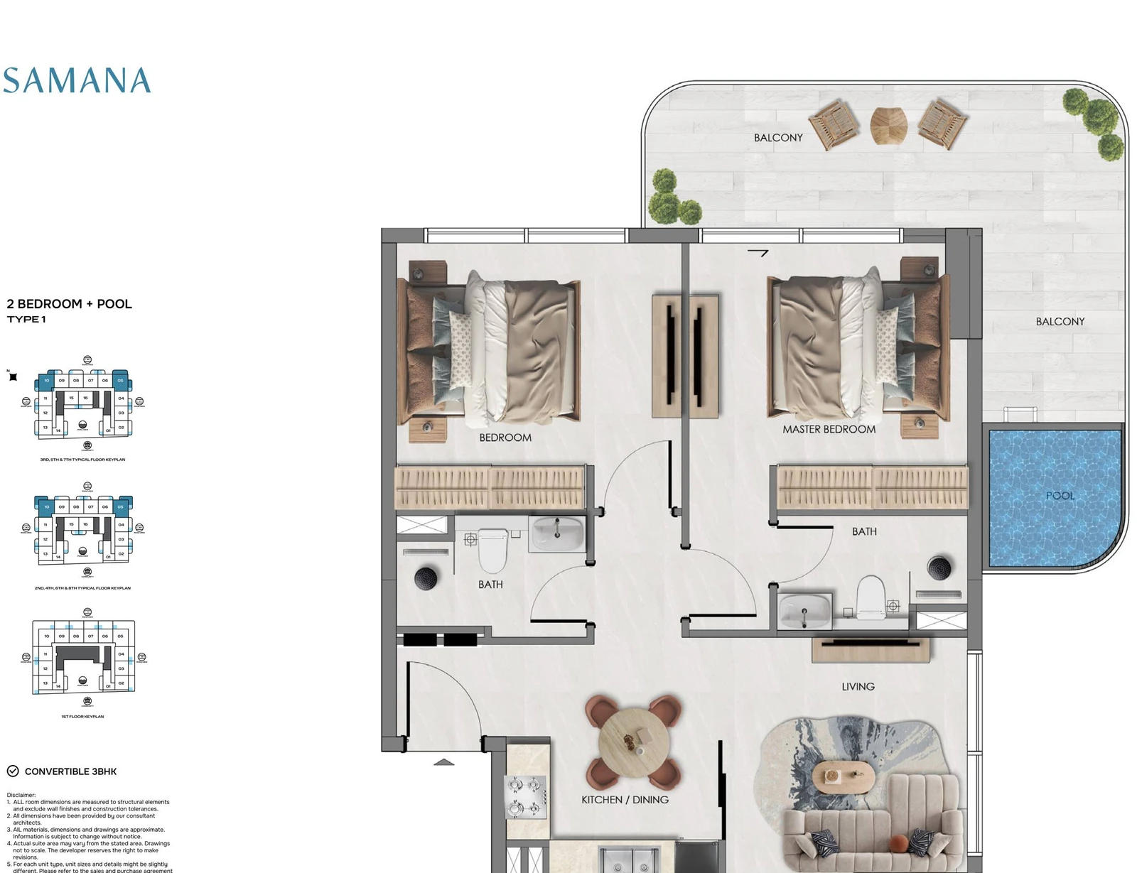 Samana Portside 2 bedroom Type 1 with Pool apartment floor plan, convertible to 3BHK