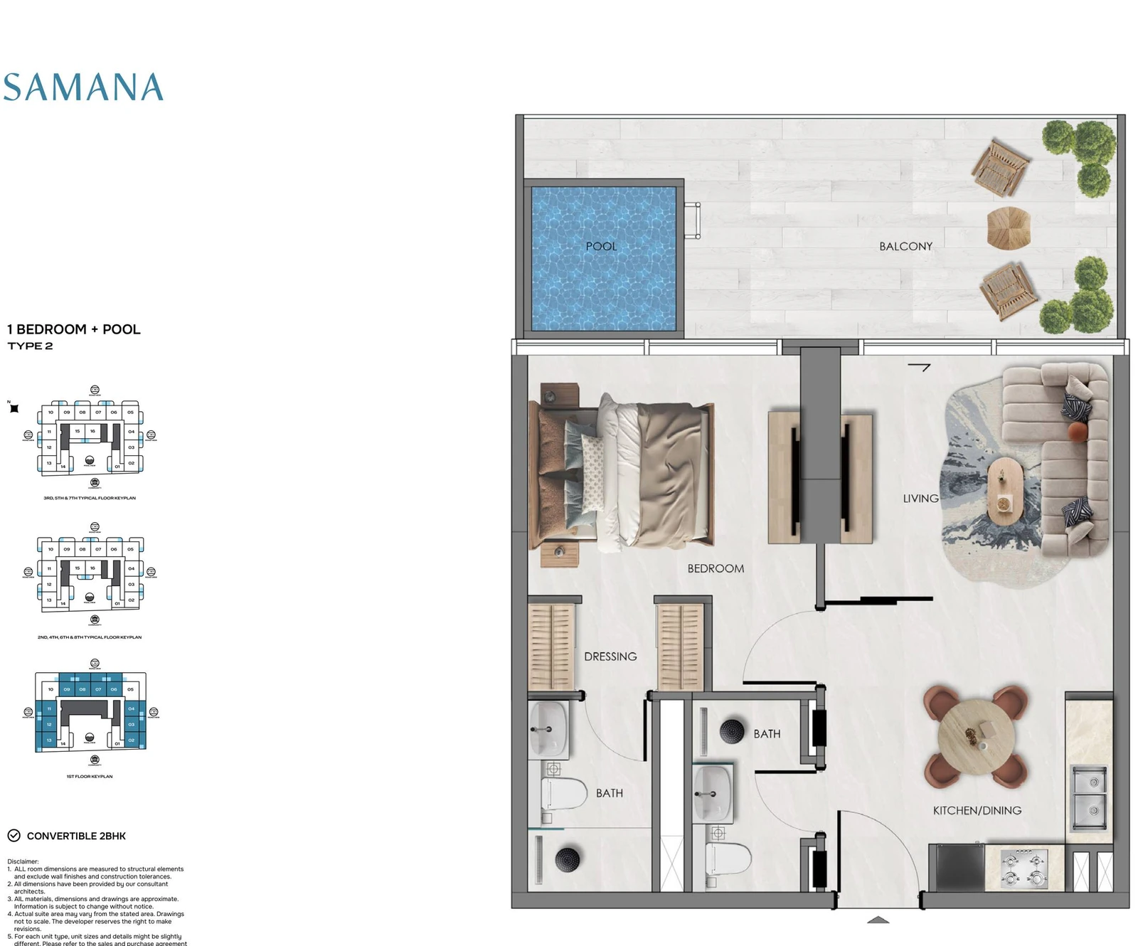 Samana Portside 1 bedroom Type 2 with Pool apartment floor plan, convertible to 2BHK