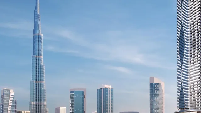 Bayz 102 tower and Burj Khalifa skyline in Business Bay