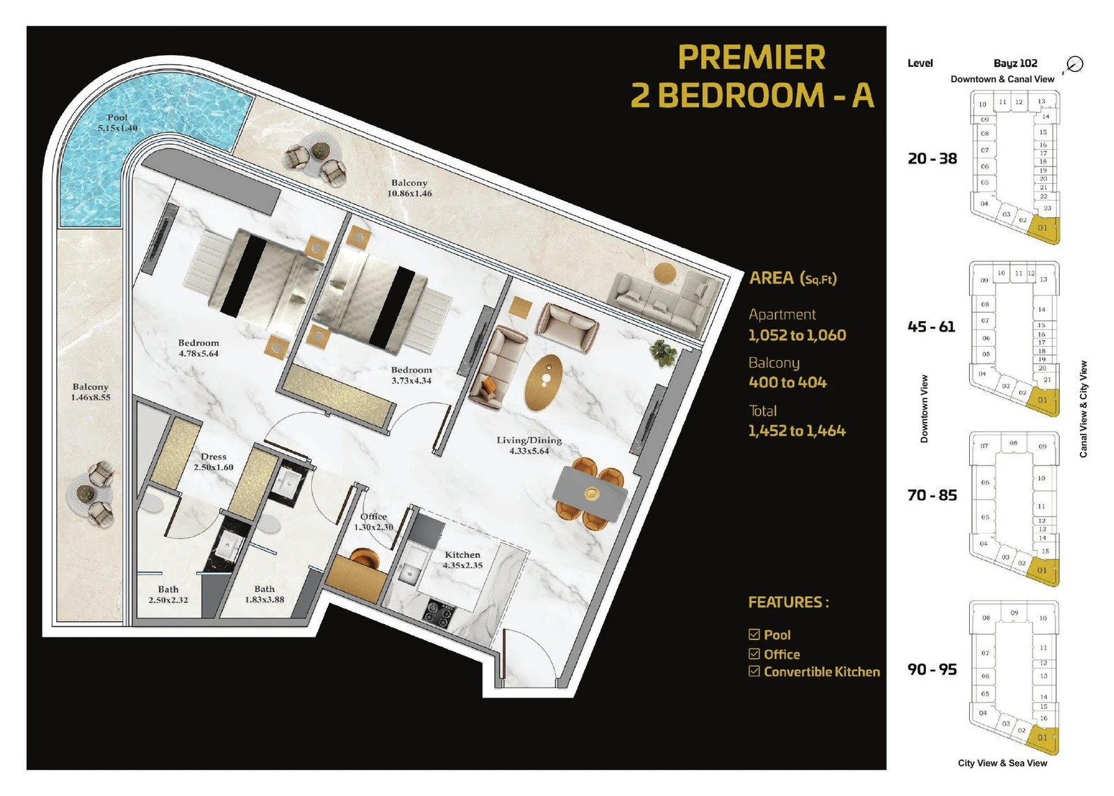 Bayz 102 Premier A 2 bedroom apartment floor plan with pool and office, 1452 to 1464 sq ft